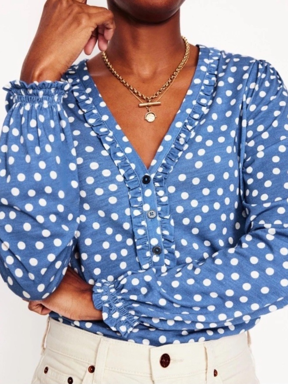 Boden Womens Poppy Ruffled V-Neck Henley Top Shirt Polka Dot Size 8 Blue